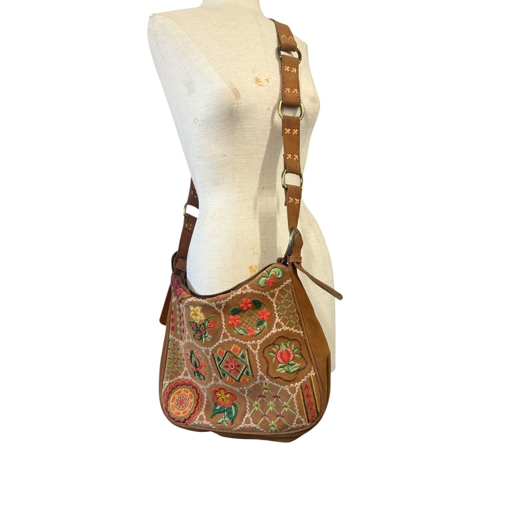 Y2K Isabella Fiore Patchwork Beaded Suede Embroidered Hobo Bag Boho Tan Leather